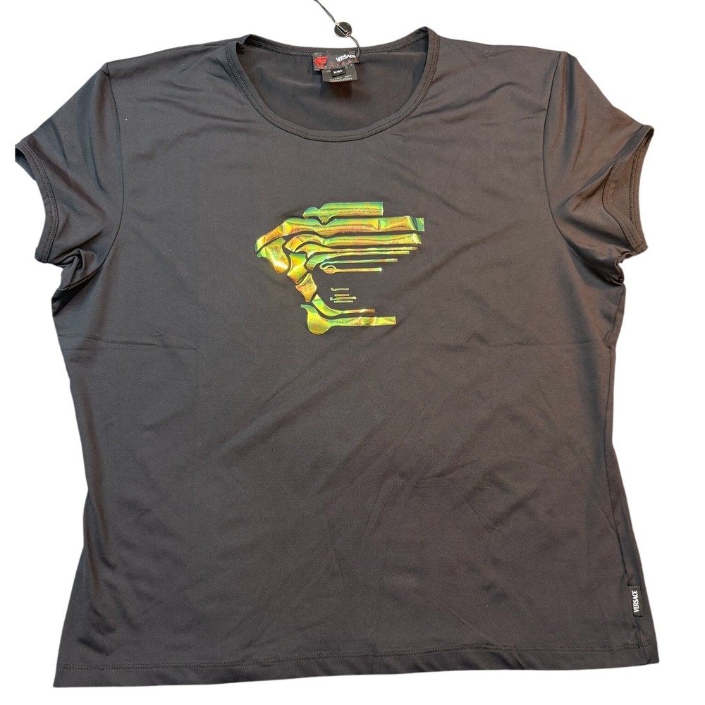 VTG Versace Sport Black Holographic Medusa Logo T-Shirt XXL Greece‎ NWOT